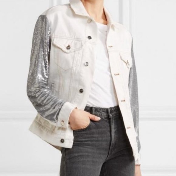 $708 Sz 34 XS S IRO Nanopo Frayed Silver Sequined Oversized Denim Jacket - Picture 1 of 10